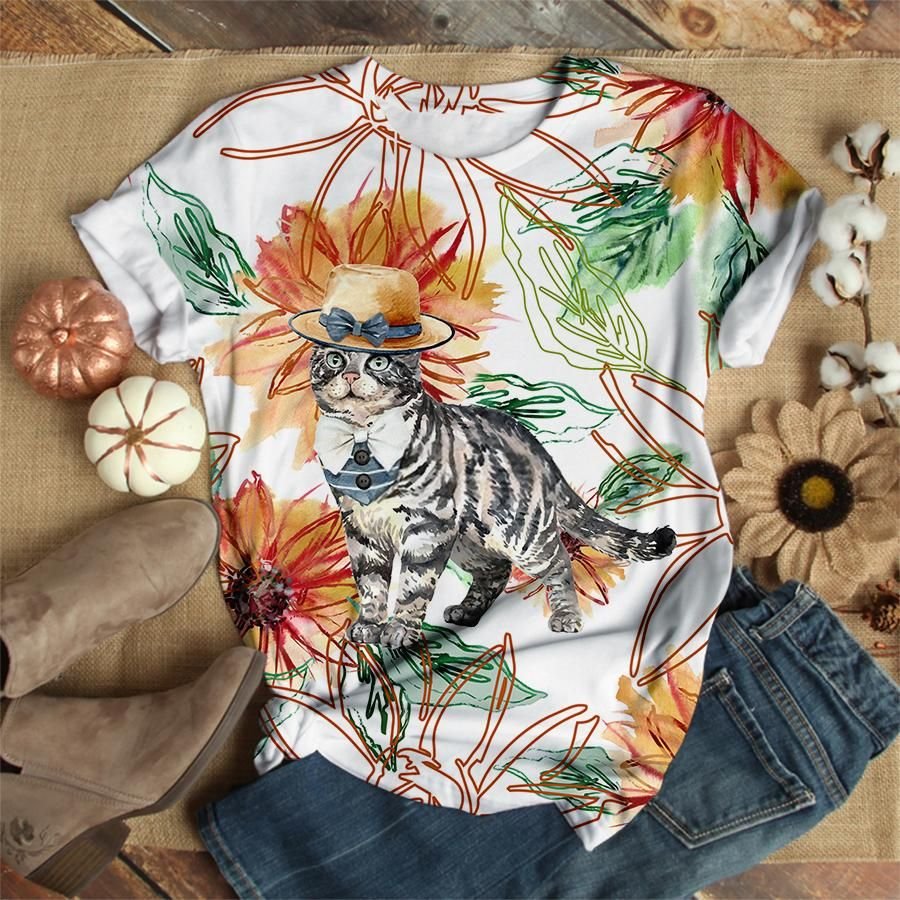American Shorthair Cat With at And Dress Pet Layer Path Flowers Cat Unisex 3D T-Shirt All Over Print OIFCT
