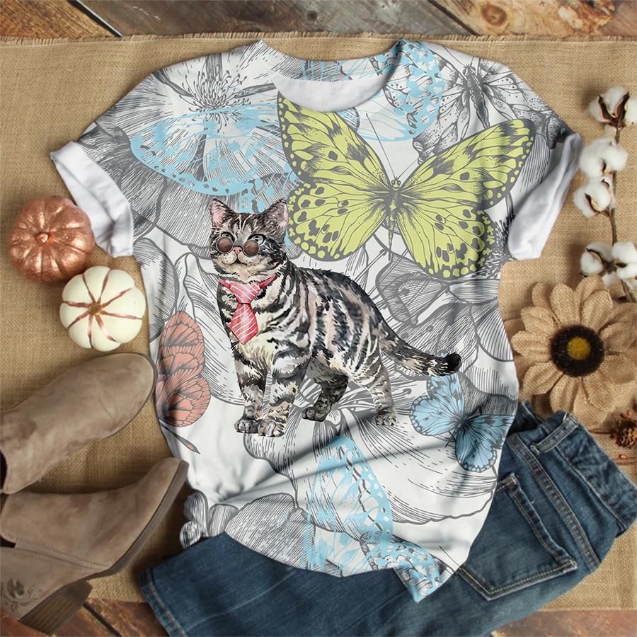 American Shorthair Cat With Sunglasses And Butterfly Cat Unisex 3D T-Shirt All Over Print OIFCI